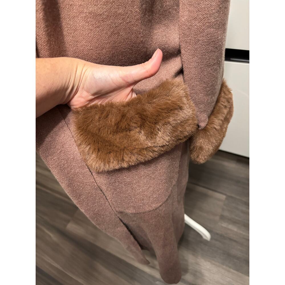 NWT Max sport open front knit sweater duster cardigan, mocha faux fur glam sz L - Picture 9 of 11